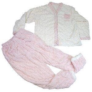 Pajama Lounge Set Soft Pink White Button Top Happy Bear Womens Large New In Bag